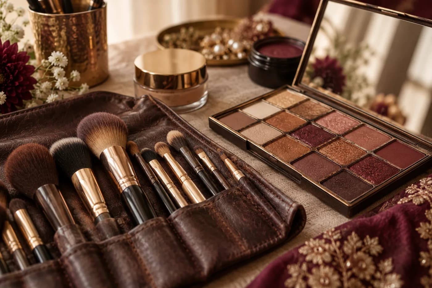 A professional makeup artist's kit laid out: brushes in a worn leather roll, an open eyeshadow palette in bronze and maroon tones, and a small mirror.
